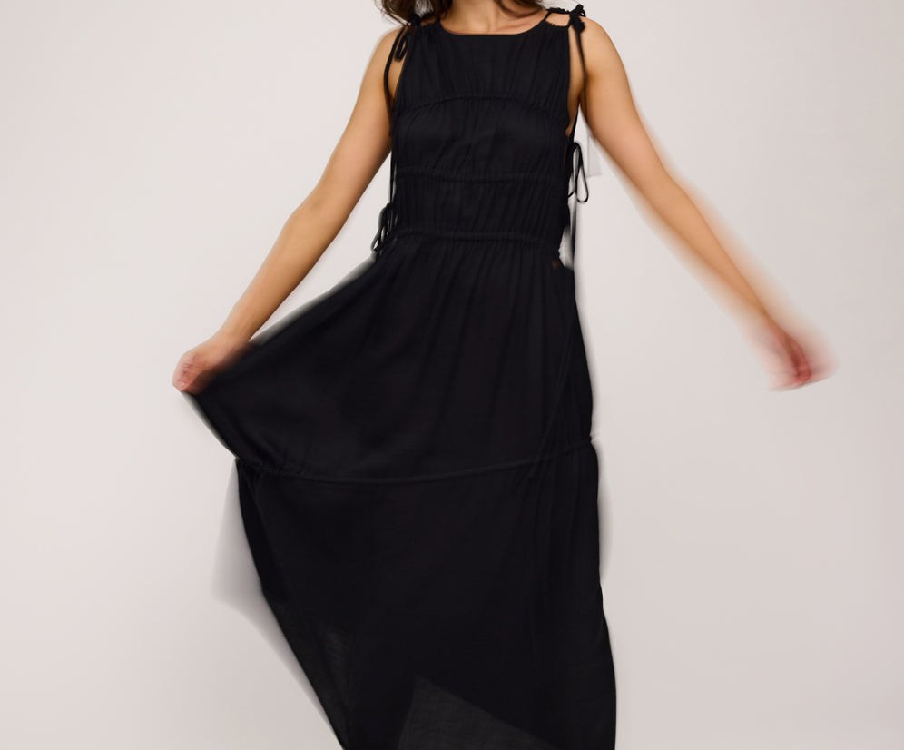 Evelyn Gathered Ruched Maxi Dress - Black