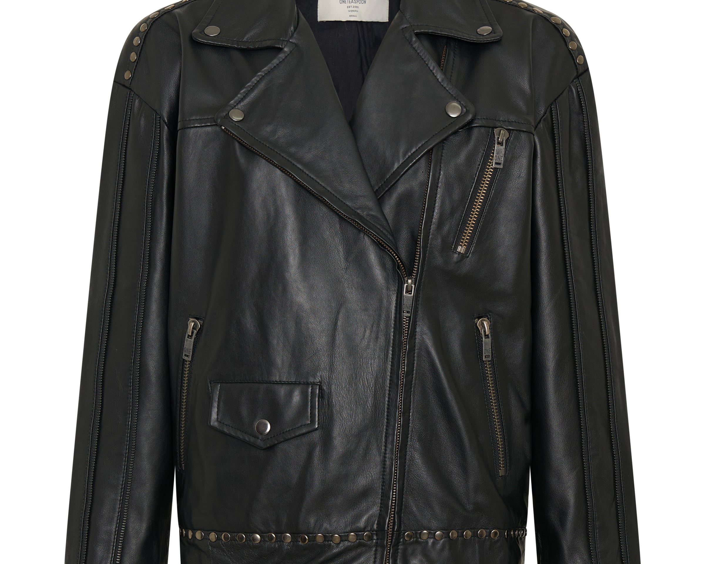Biker Studded Zipped Leather Jacket - Black