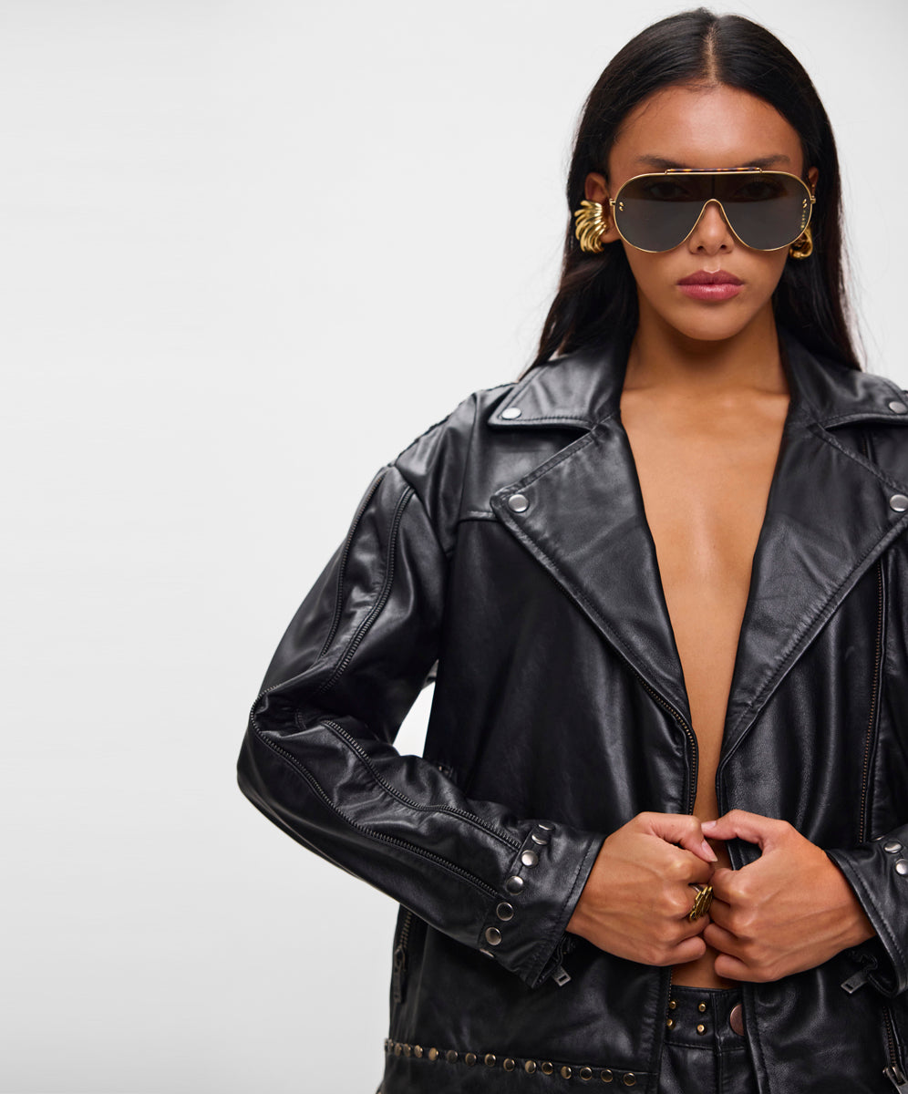 Biker Studded Zipped Leather Jacket - Black | One Teaspoon USA