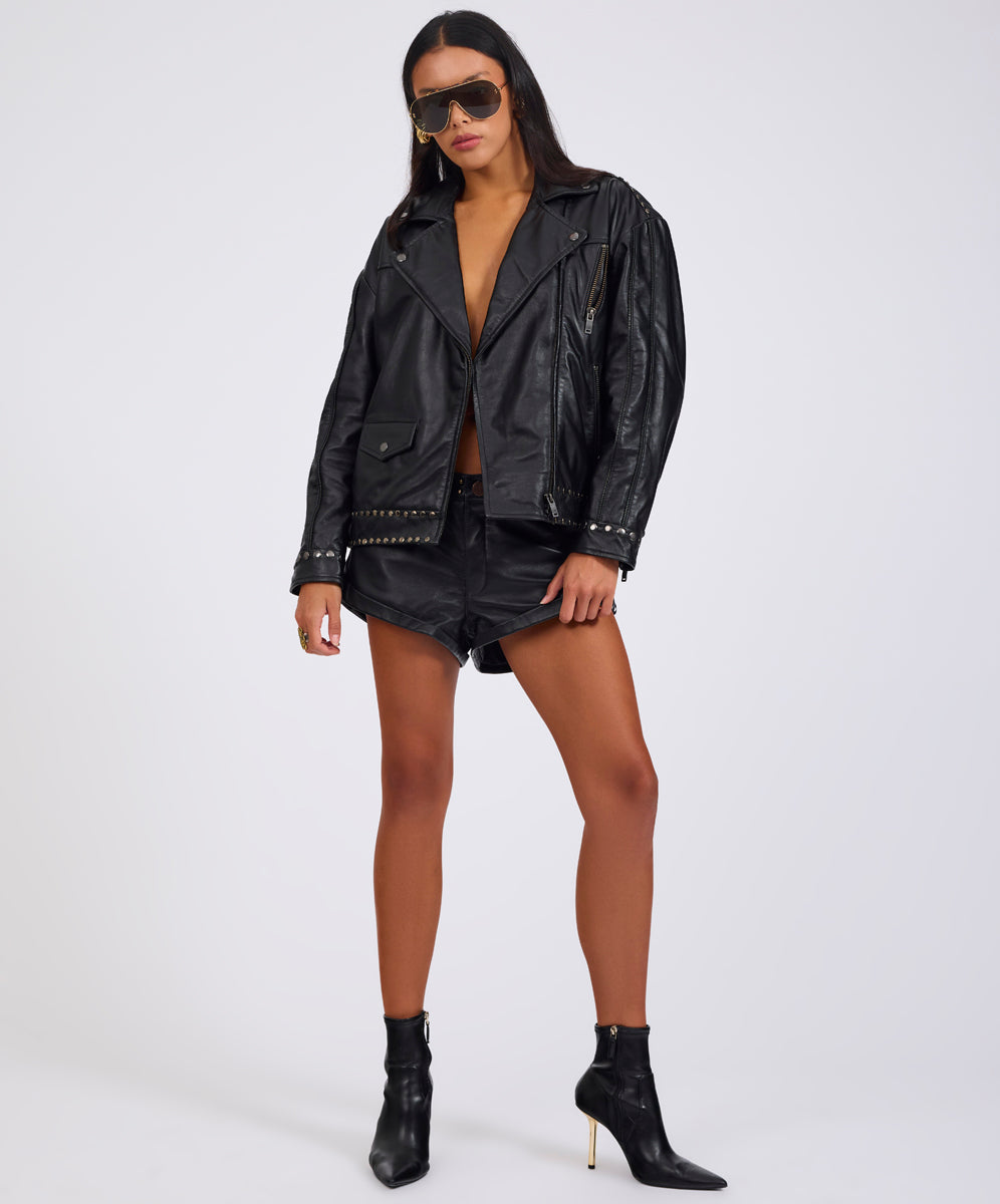 New Arrivals Biker Studded Zipped Leather Jacket - Black