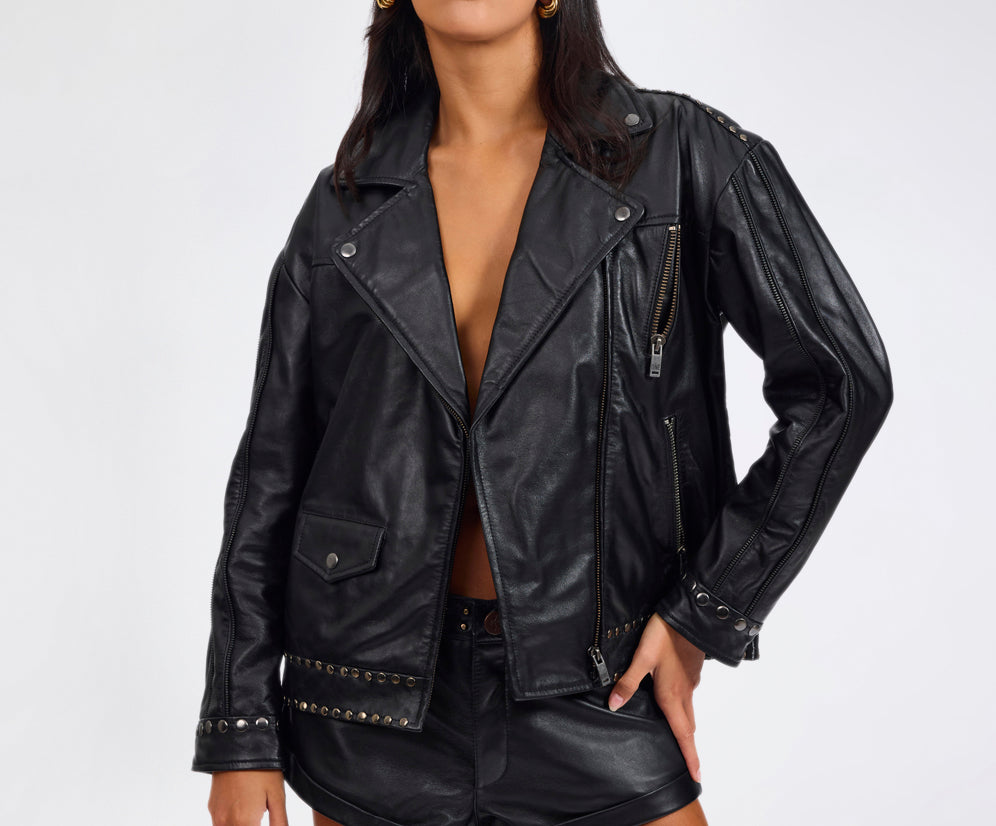 Biker Studded Zipped Leather Jacket - Black