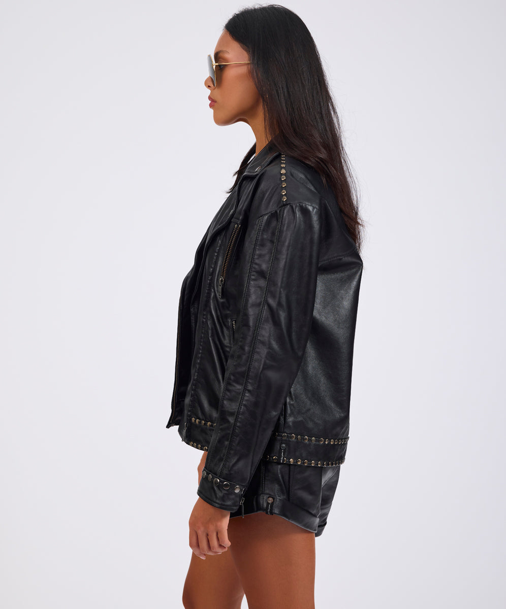 Biker Studded Zipped Leather Jacket - Black | One Teaspoon USA