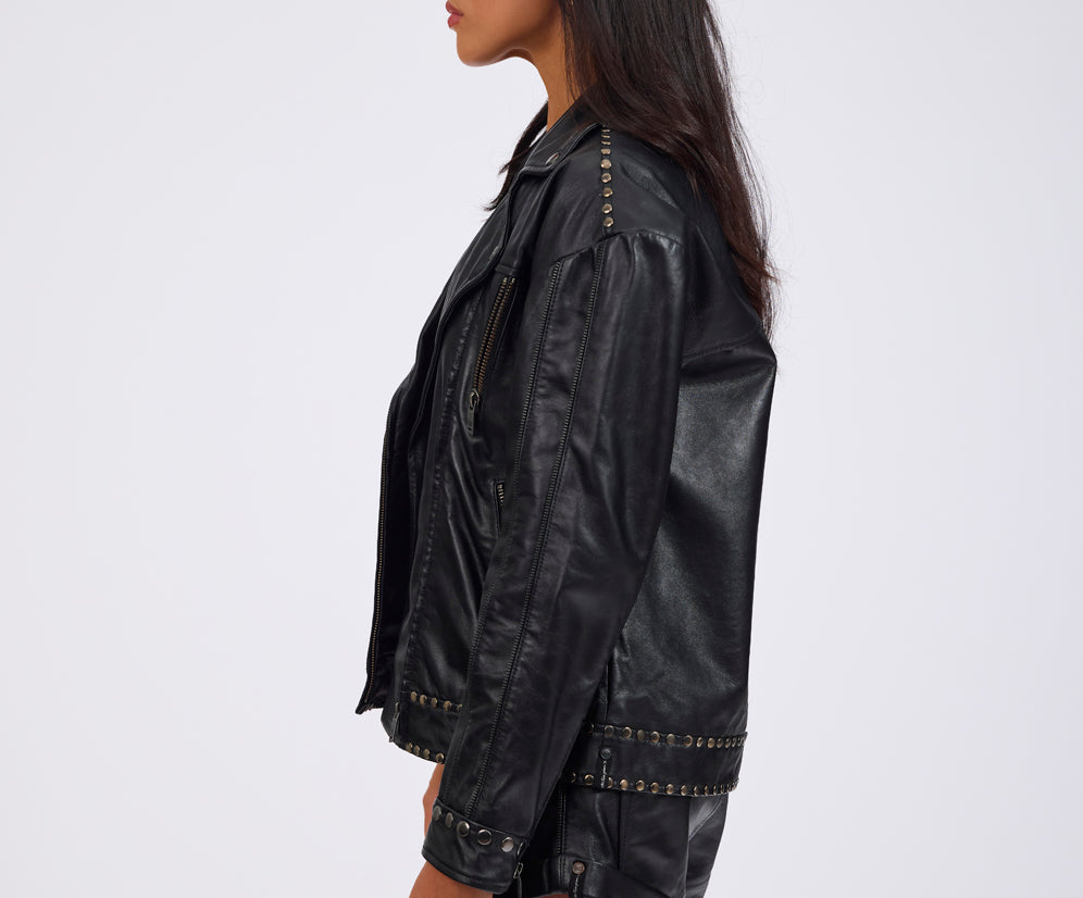 Biker Studded Zipped Leather Jacket - Black