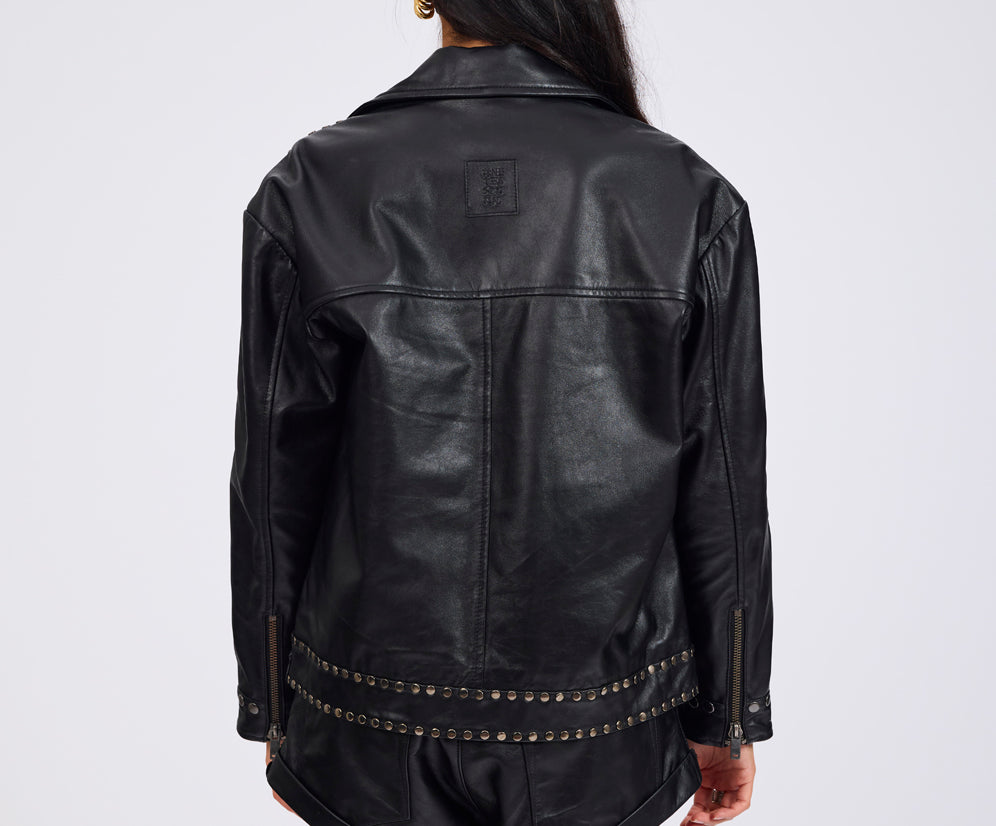 Biker Studded Zipped Leather Jacket - Black