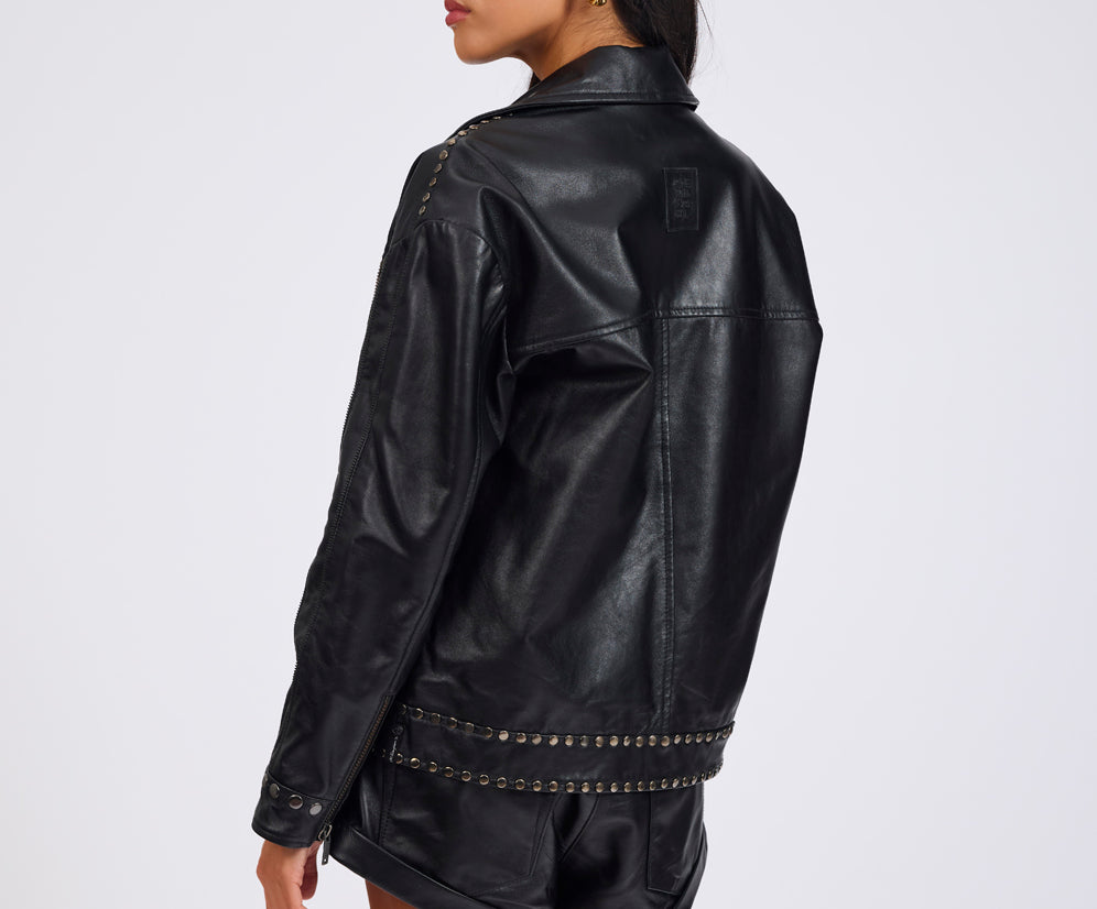 Biker Studded Zipped Leather Jacket - Black