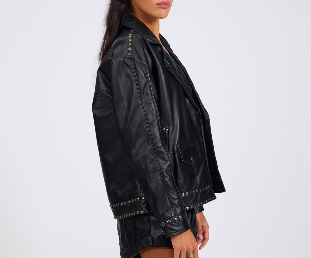 Biker Studded Zipped Leather Jacket - Black