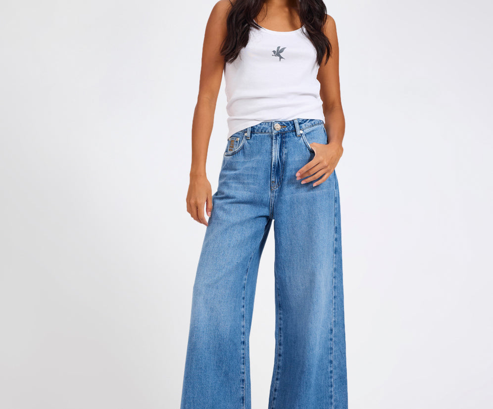 Love Machines Mid Waist Super Wide Leg Denim Jeans - Bright Blue