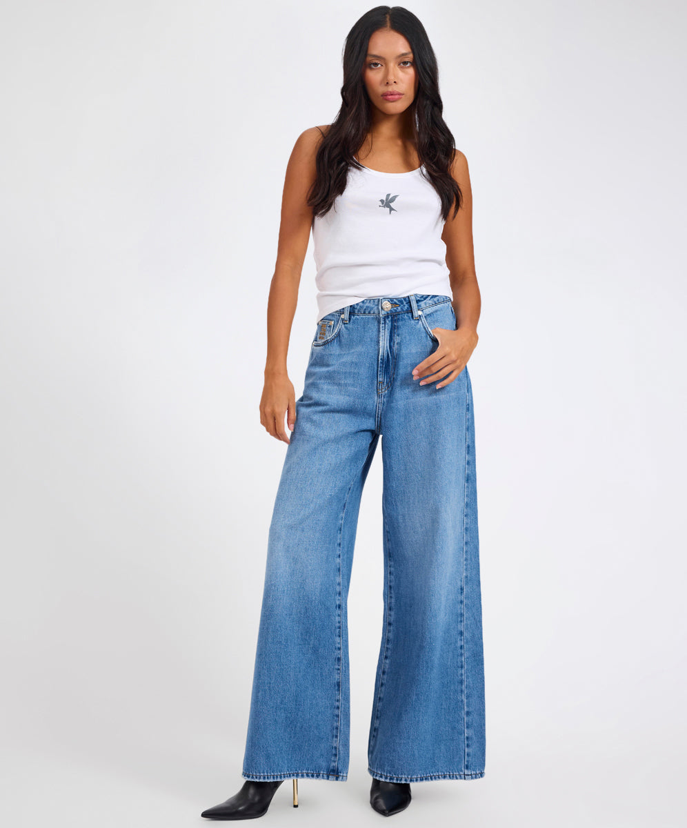 Last Stock Love Machines Mid Waist Super Wide Leg Denim Jeans - Bright Blue
