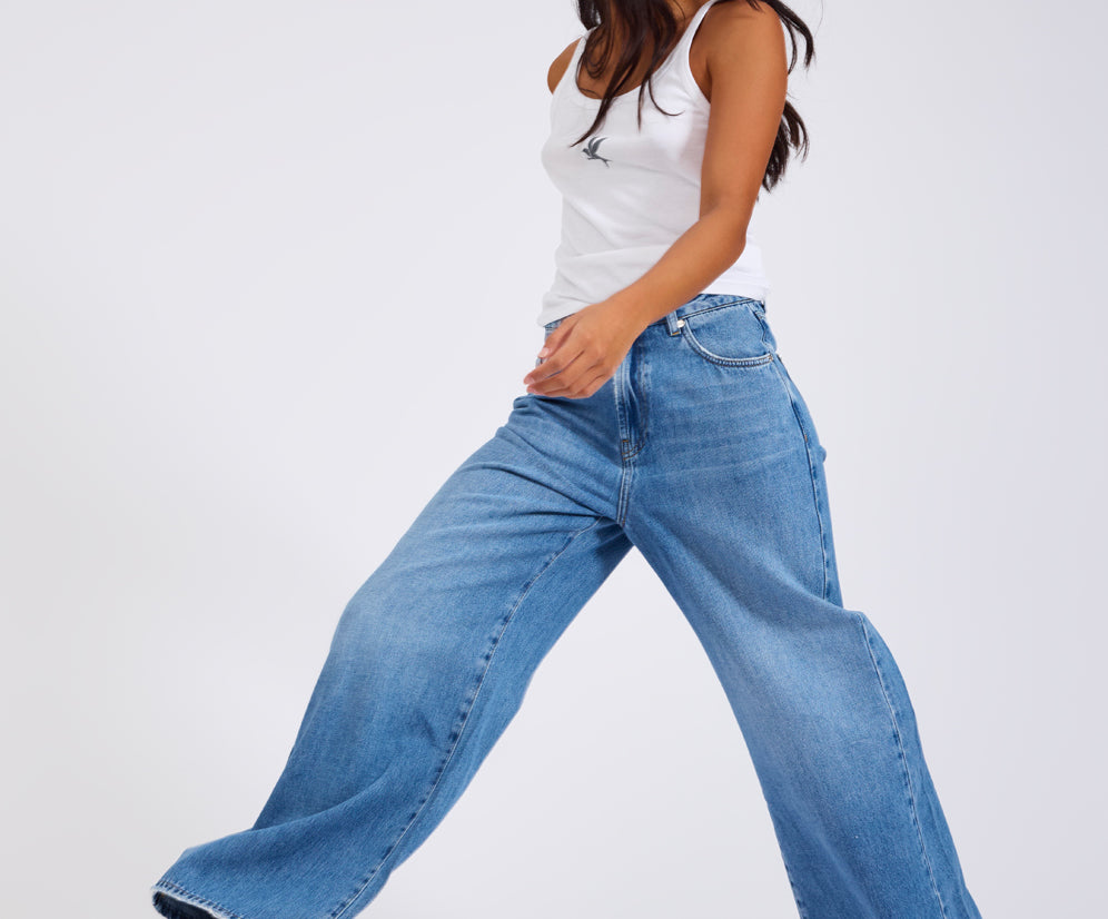 Love Machines Mid Waist Super Wide Leg Denim Jeans - Bright Blue