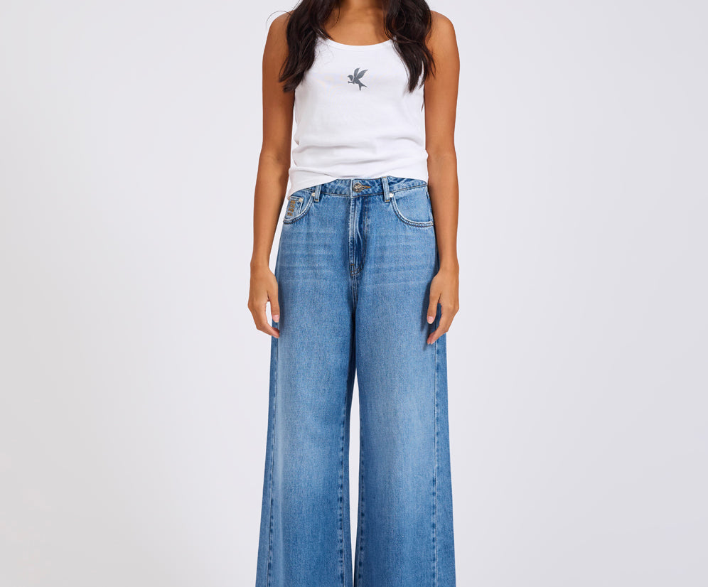 Love Machines Mid Waist Super Wide Leg Denim Jeans - Bright Blue