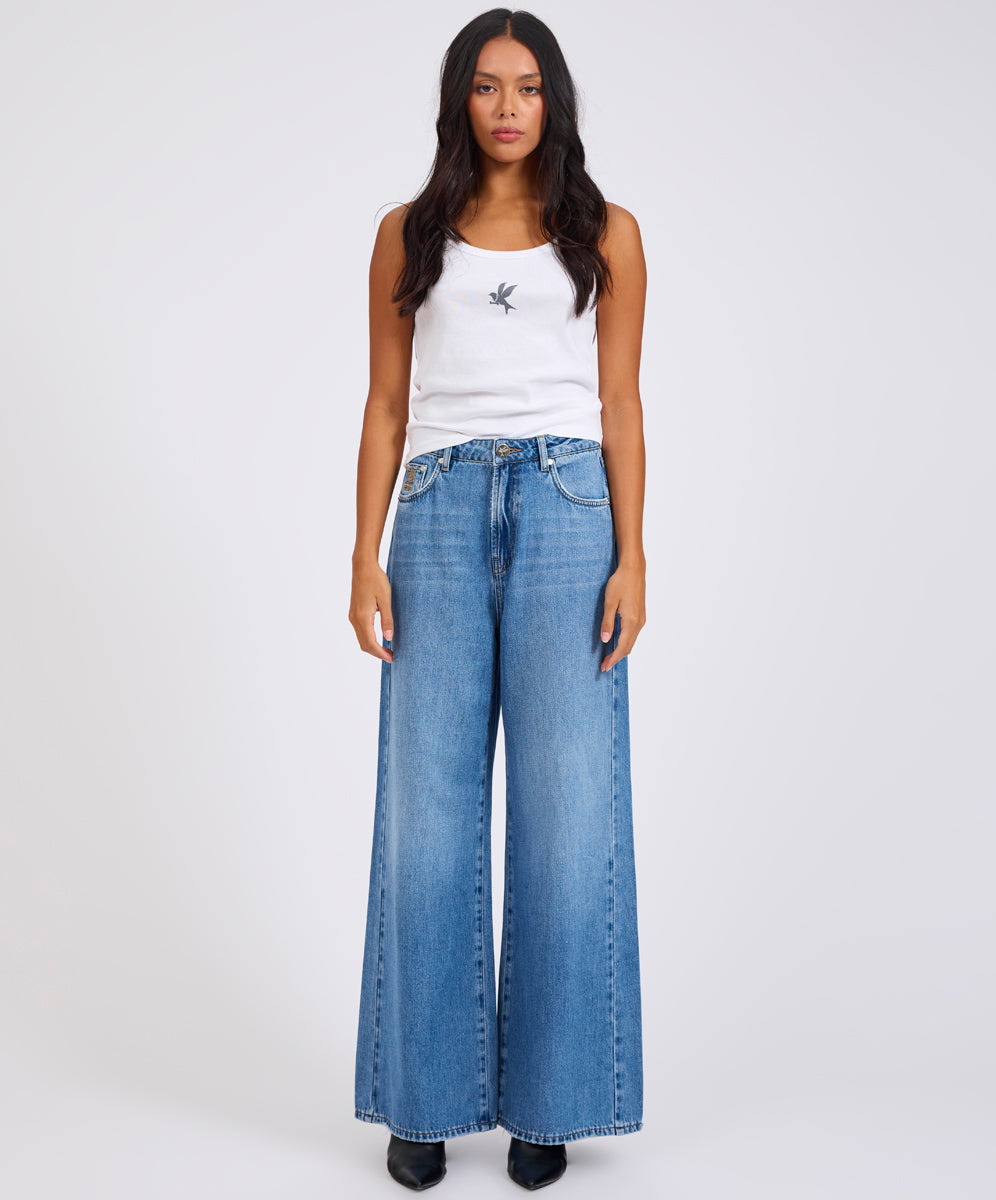 Last Stock Love Machines Mid Waist Super Wide Leg Denim Jeans - Bright Blue
