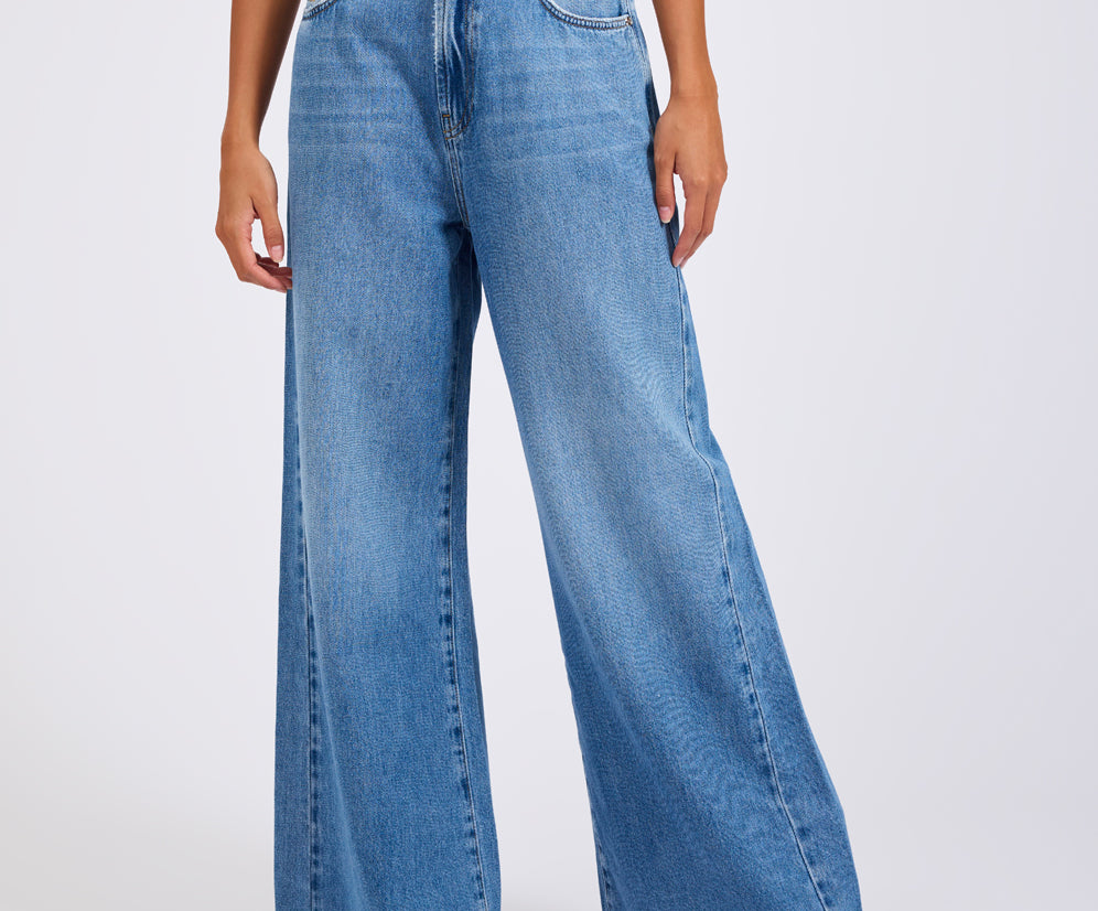 Love Machines Mid Waist Super Wide Leg Denim Jeans - Bright Blue