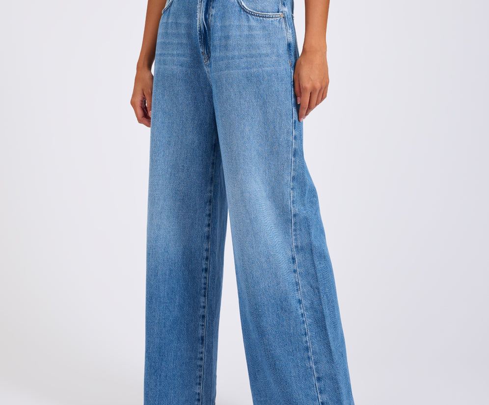 Love Machines Mid Waist Super Wide Leg Denim Jeans - Bright Blue