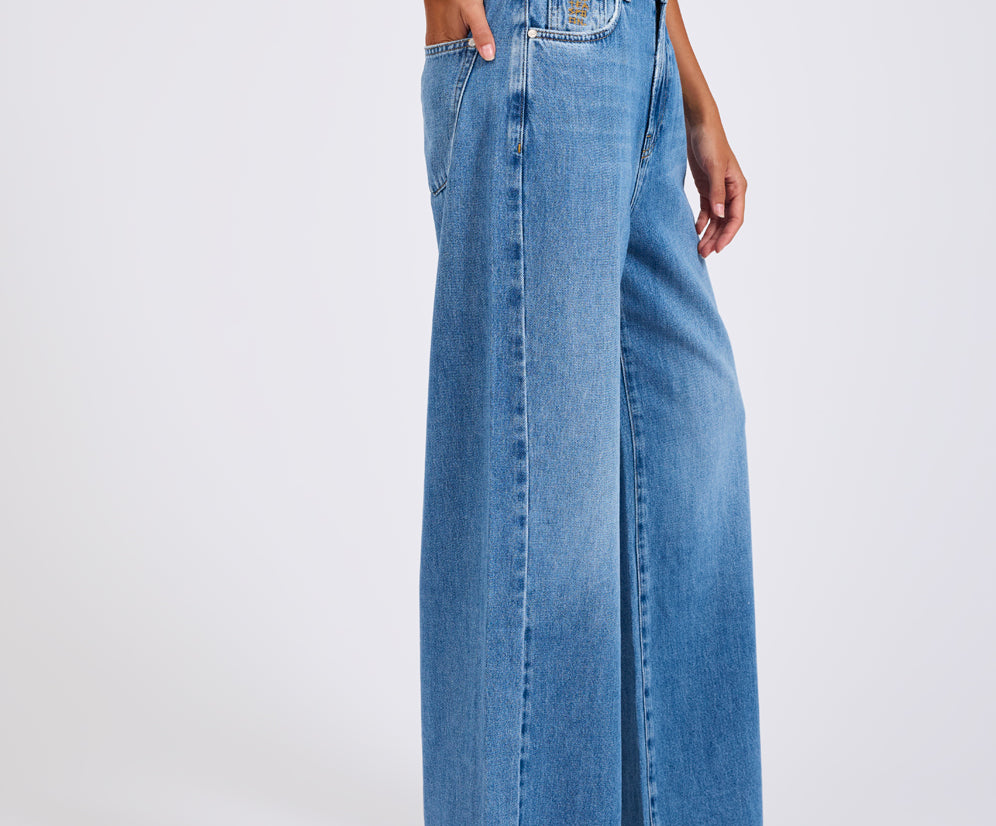 Love Machines Mid Waist Super Wide Leg Denim Jeans - Bright Blue