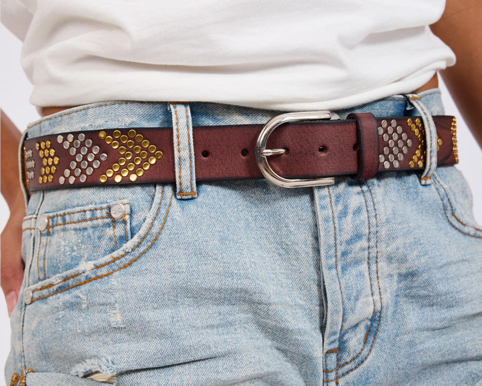 Chevron Studded Leather Belt - Tobacco Brown Leather