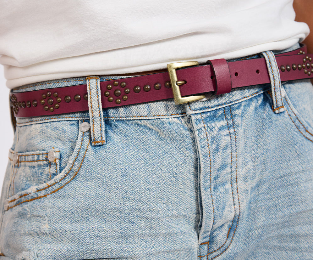 Flower Studded Leather Belt - Brown Leather