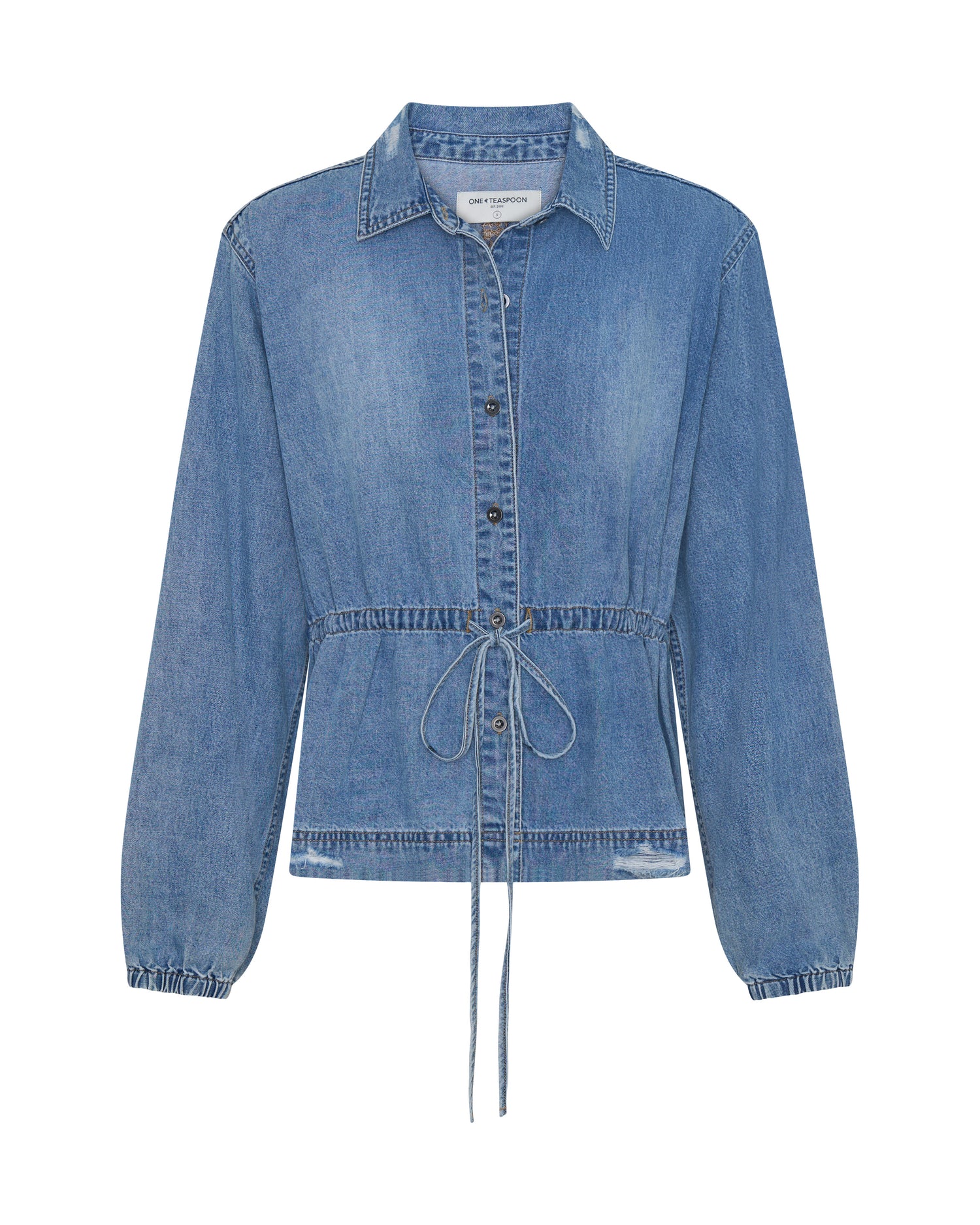 Rebel In Bloom Drawstring Denim Shirt - Washed Blue