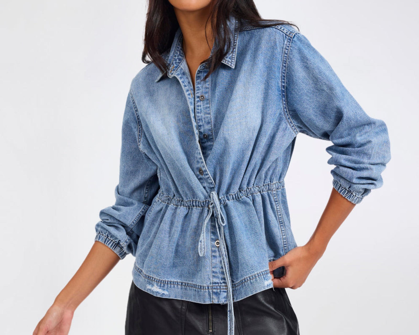 Drawstring Denim Shirt - Washed Blue