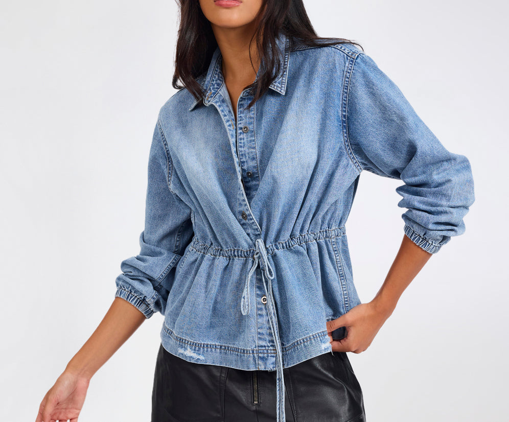 Drawstring Denim Shirt - Washed Blue