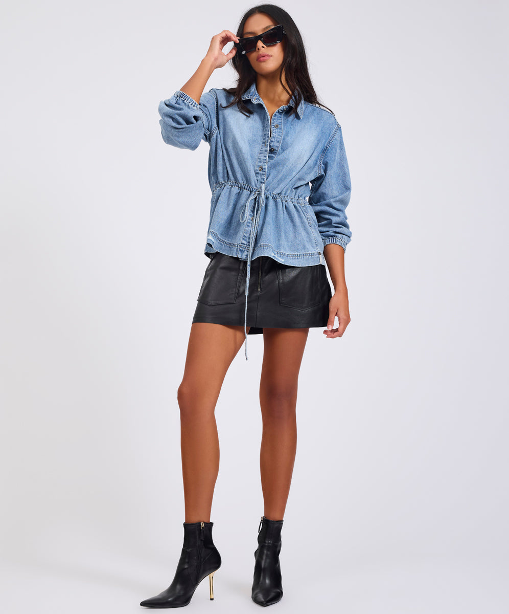 Rebel In Bloom Drawstring Denim Shirt - Washed Blue