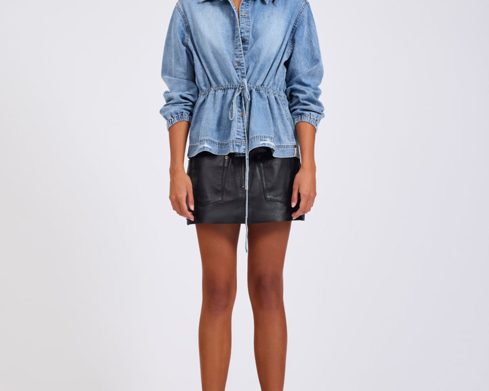 Drawstring Denim Shirt - Washed Blue