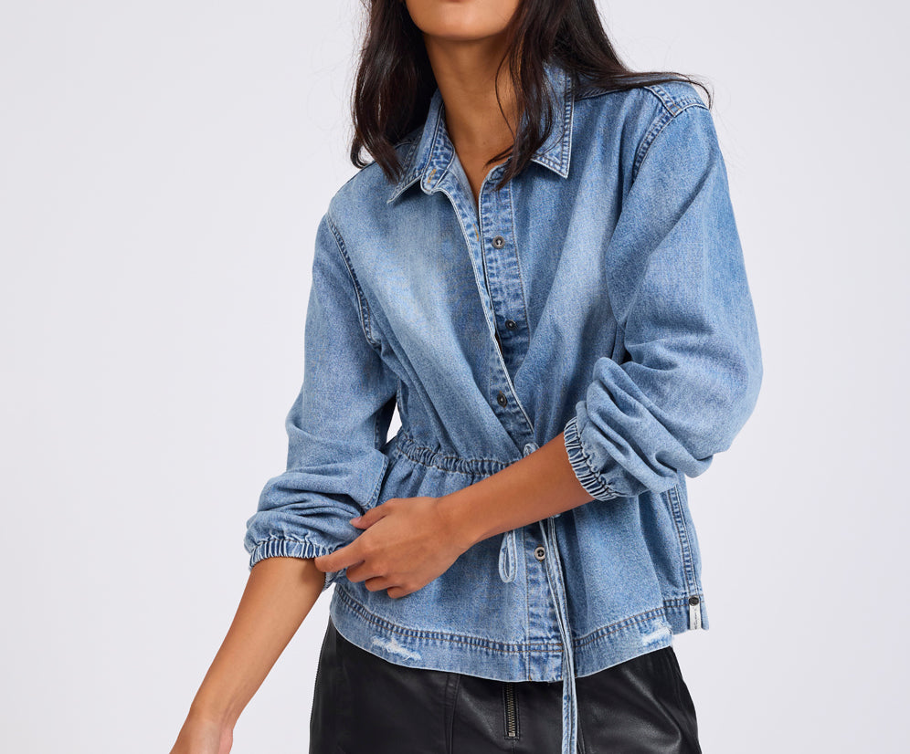 Drawstring Denim Shirt - Washed Blue