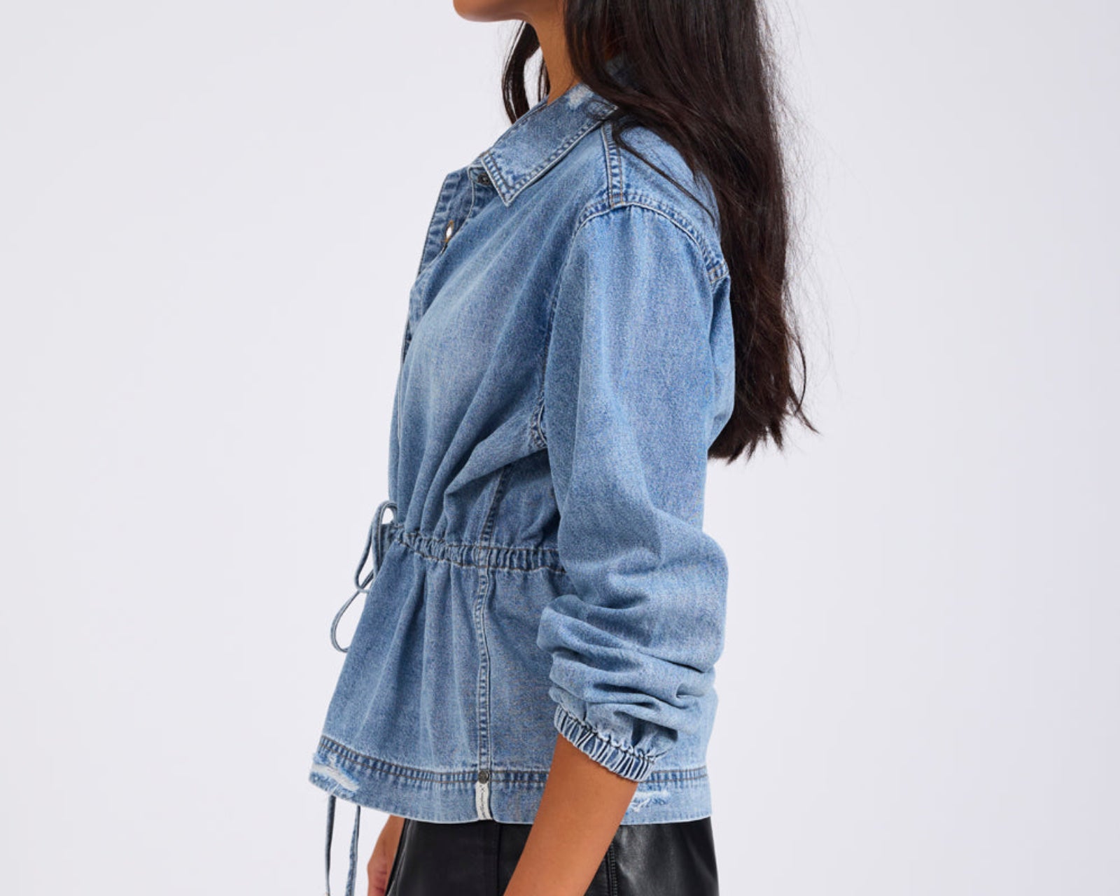 Drawstring Denim Shirt - Washed Blue