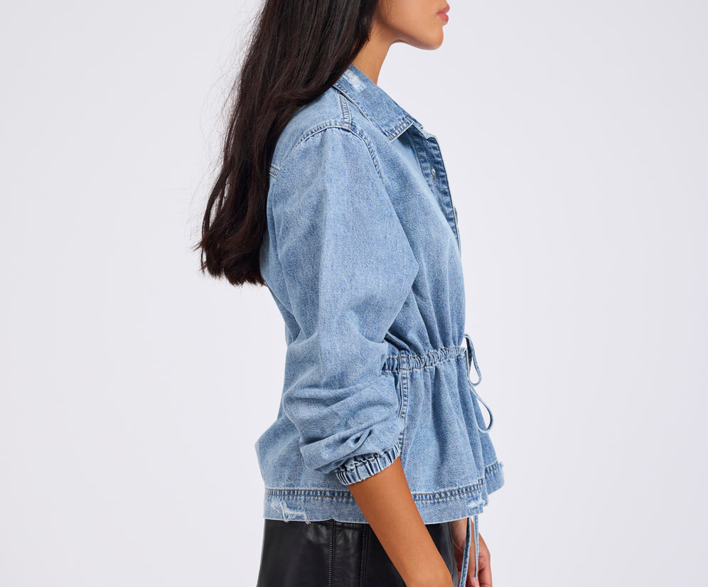 Drawstring Denim Shirt - Washed Blue