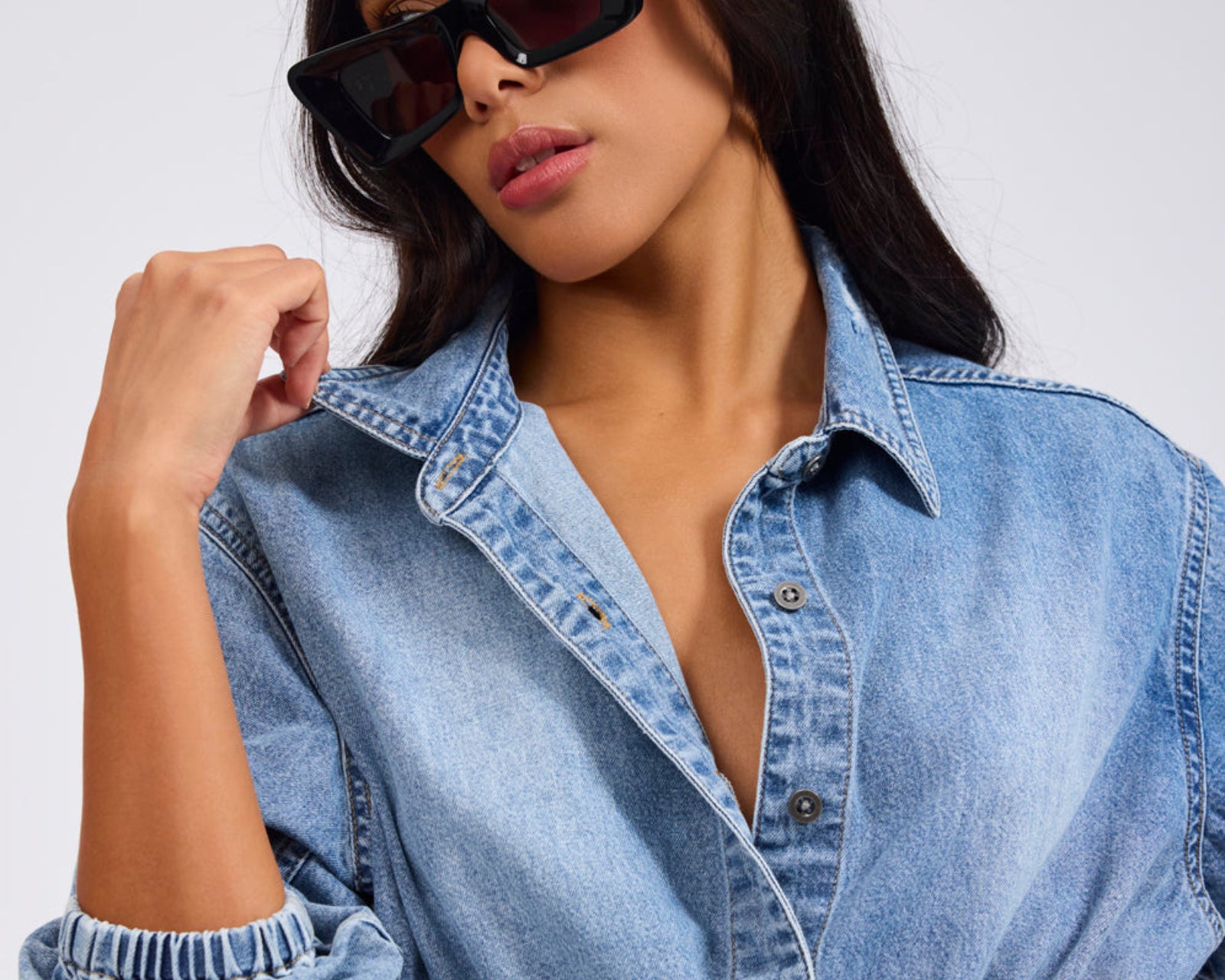 Drawstring Denim Shirt - Washed Blue