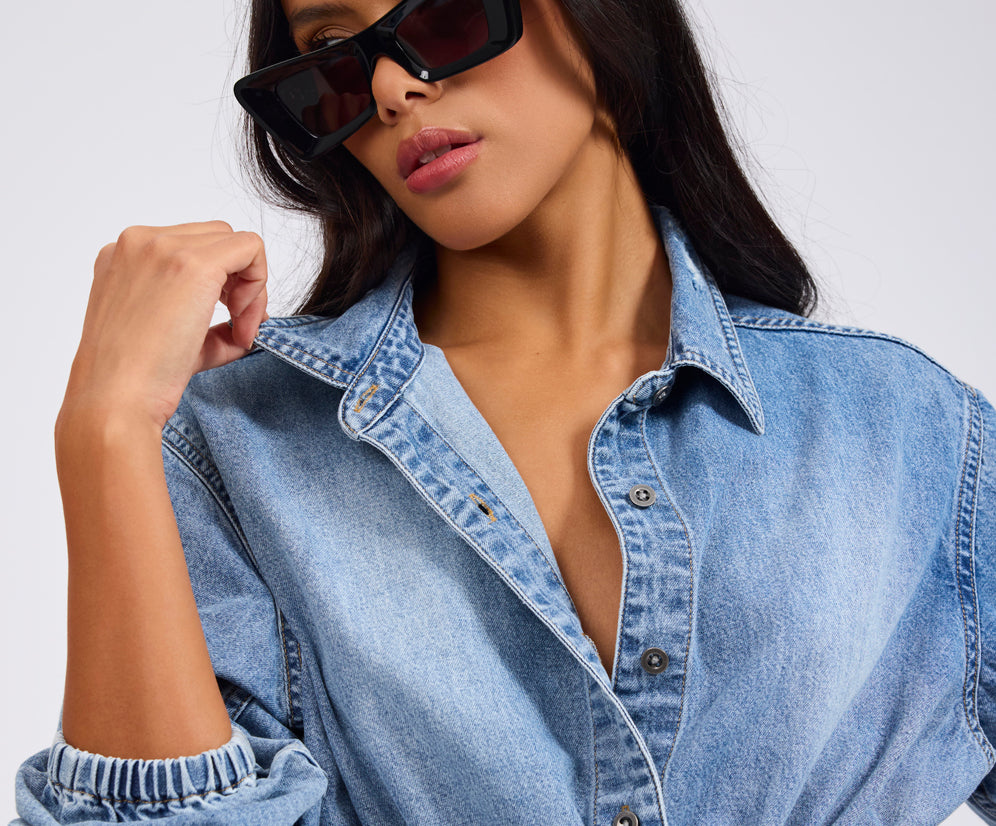 Drawstring Denim Shirt - Washed Blue