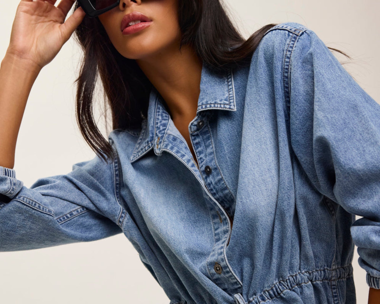 Drawstring Denim Shirt - Washed Blue