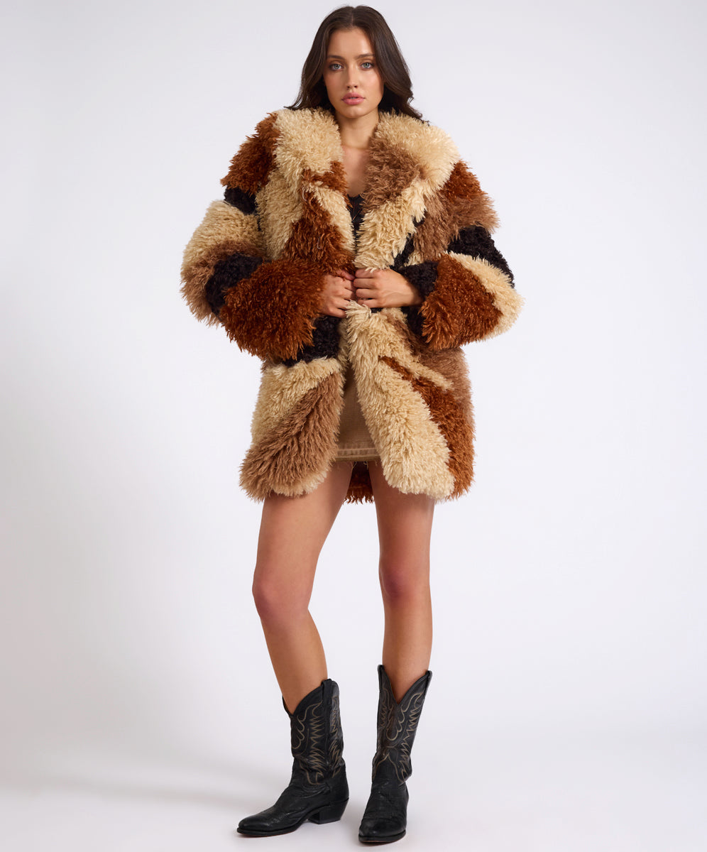 Mongolian Longline Faux Fur Jacket - Tan | One Teaspoon USA