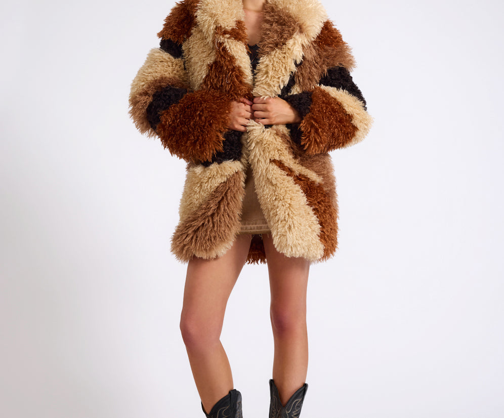 Mongolian Longline Faux Fur Jacket - Tan