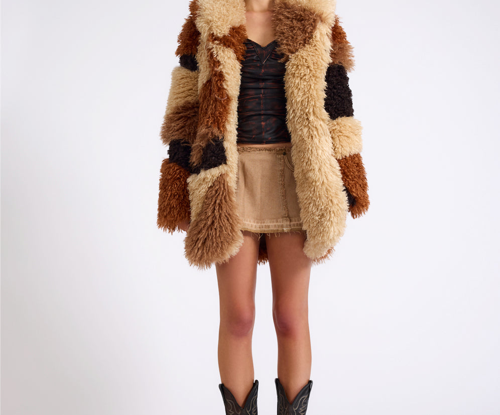 Mongolian Longline Faux Fur Jacket - Tan