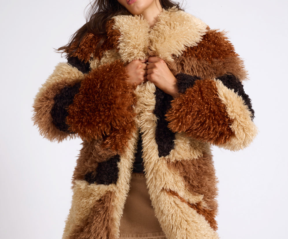 Mongolian Longline Faux Fur Jacket - Tan