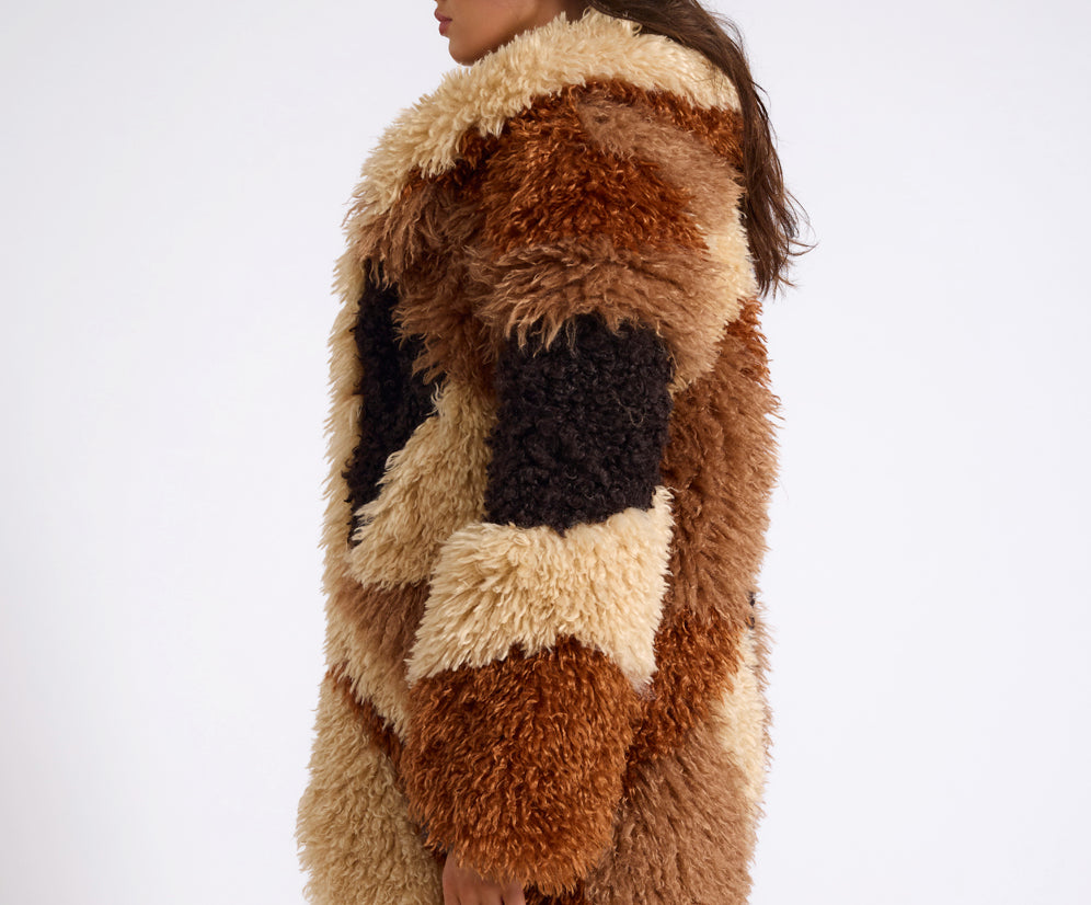 Mongolian Longline Faux Fur Jacket - Tan