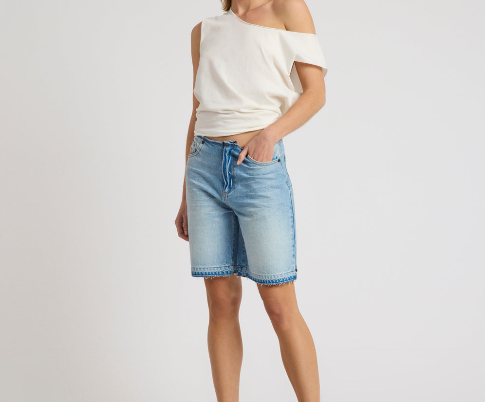 Rambler Mid Waist Wide Leg Boyfriend Denim Shorts - Endless Summer Blue