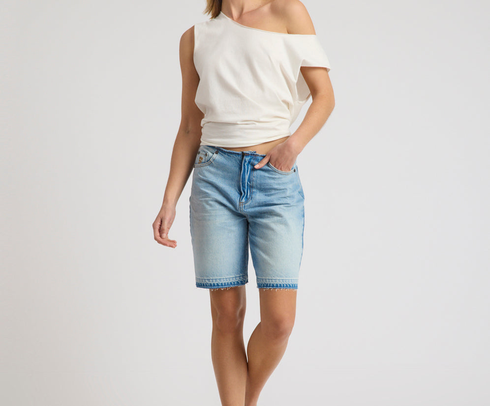 Rambler Mid Waist Wide Leg Boyfriend Denim Shorts - Endless Summer Blue