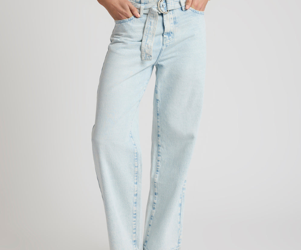 Jackson Belted Mid Waist Wide Leg Denim Jeans - Beach Blue