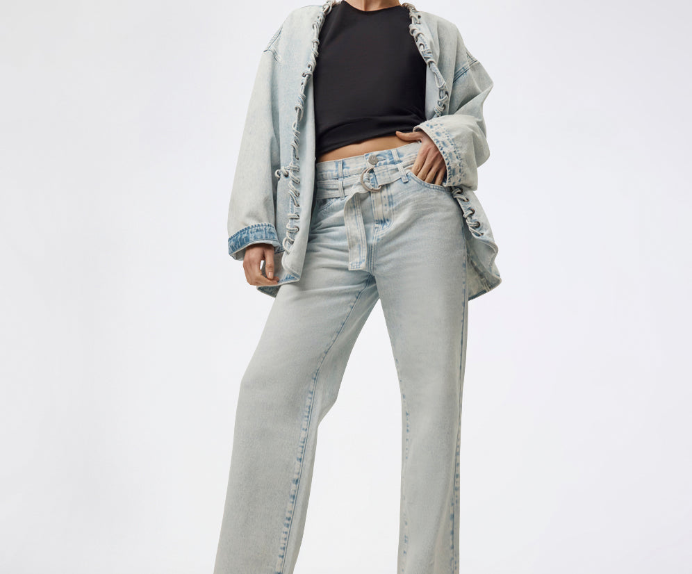 Jackson Belted Mid Waist Wide Leg Denim Jeans - Beach Blue