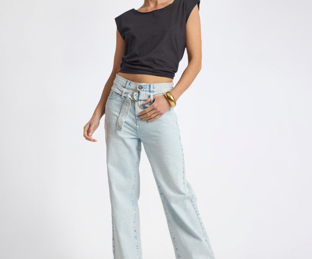 Jackson Belted Mid Waist Wide Leg Denim Jeans - Beach Blue
