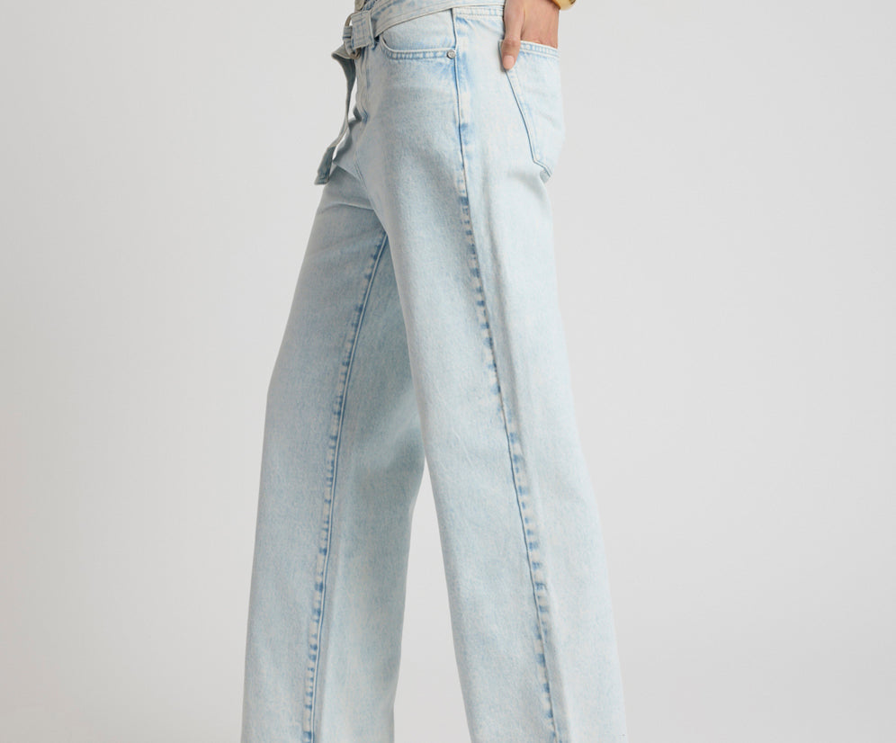 Jackson Belted Mid Waist Wide Leg Denim Jeans - Beach Blue
