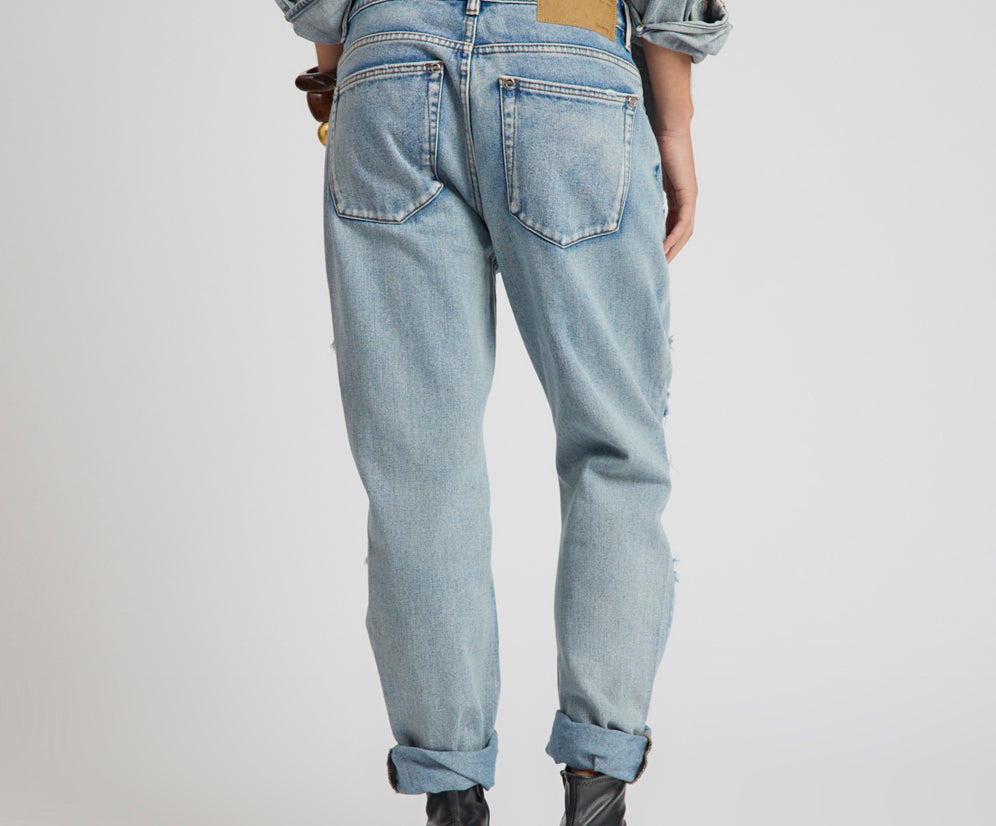 Saints Low Waist Messed Up Boyfriend Denim Jeans - Hendrixe Blue
