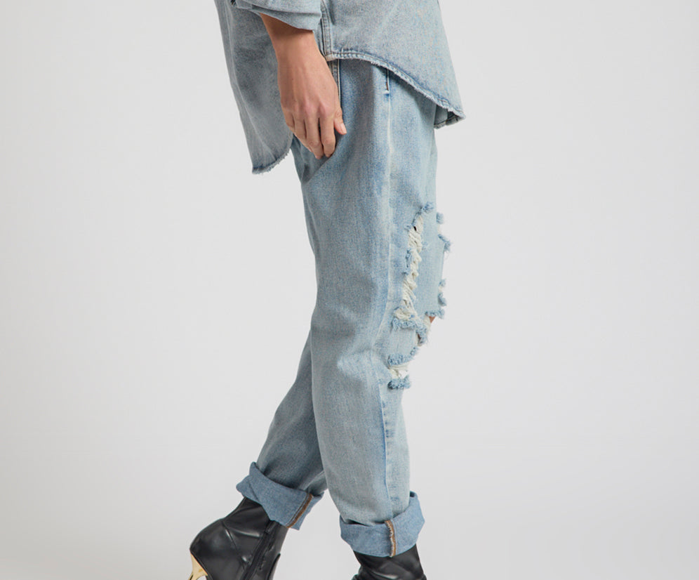 Saints Low Waist Messed Up Boyfriend Denim Jeans - Hendrixe Blue