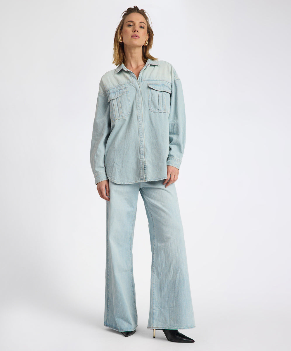 Love Machines Heart Mid Waist Super Wide Leg Denim - Sea Mist Love