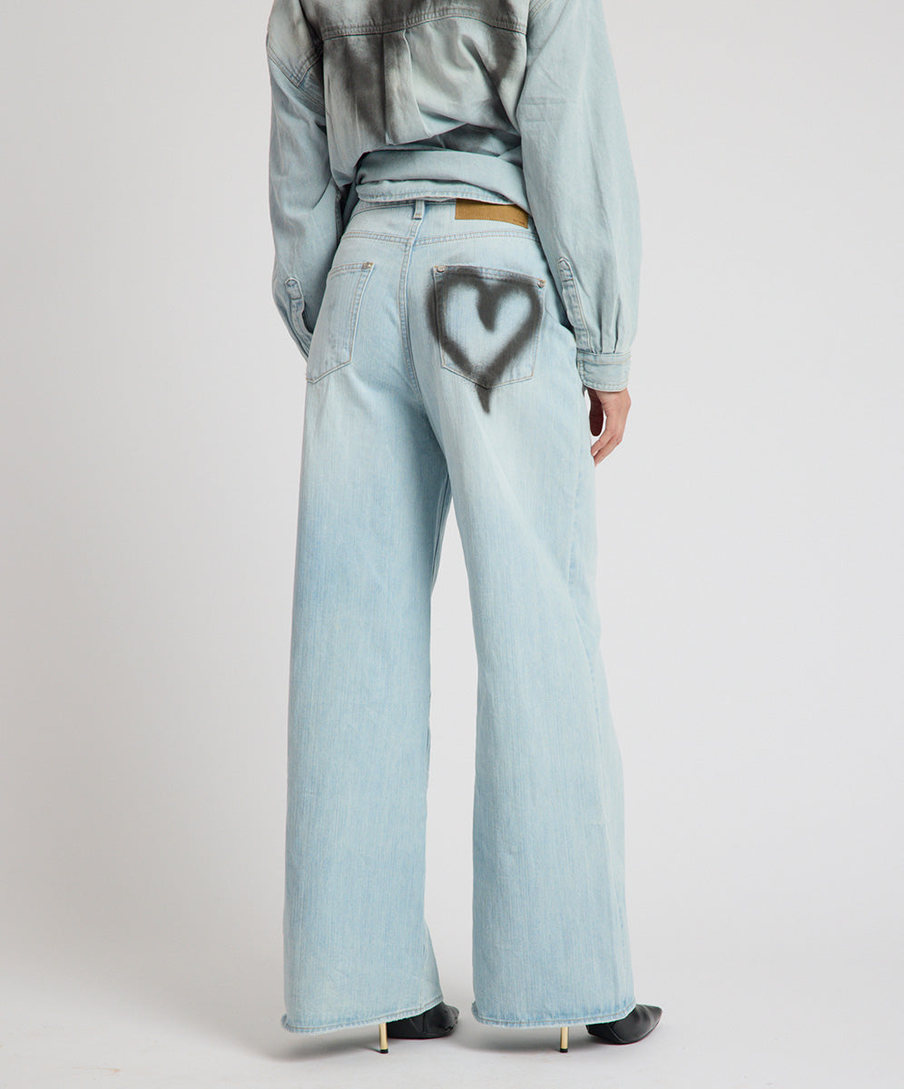 Love Machines Heart Mid Waist Super Wide Leg Denim - Sea Mist Love