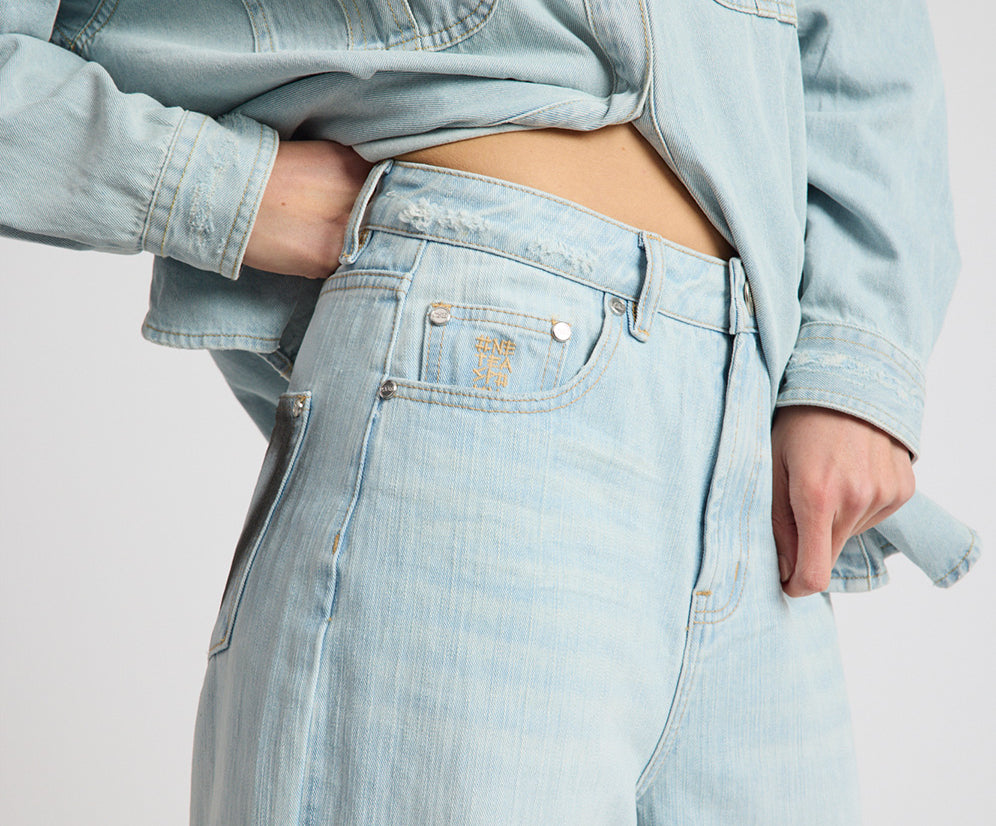 Love Machines Heart Mid Waist Super Wide Leg Denim - Sea Mist Love