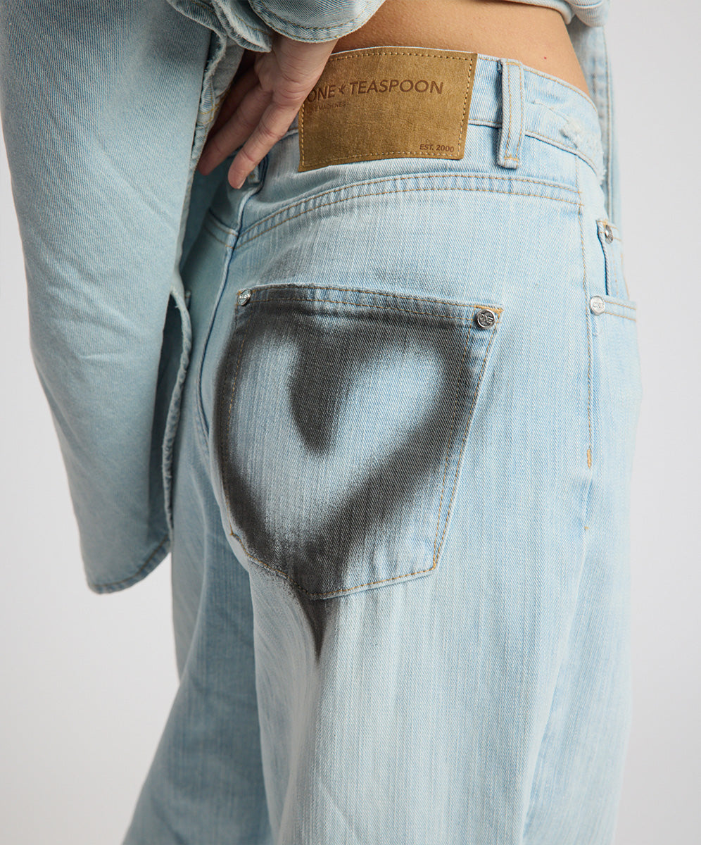 Love Machines Heart Mid Waist Super Wide Leg Denim - Sea Mist Love