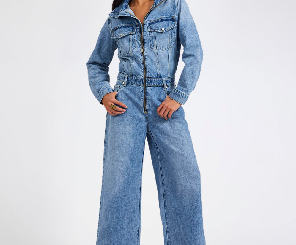 Charli Wide Leg Aviator Denim Jumpsuit - Pretty Blue