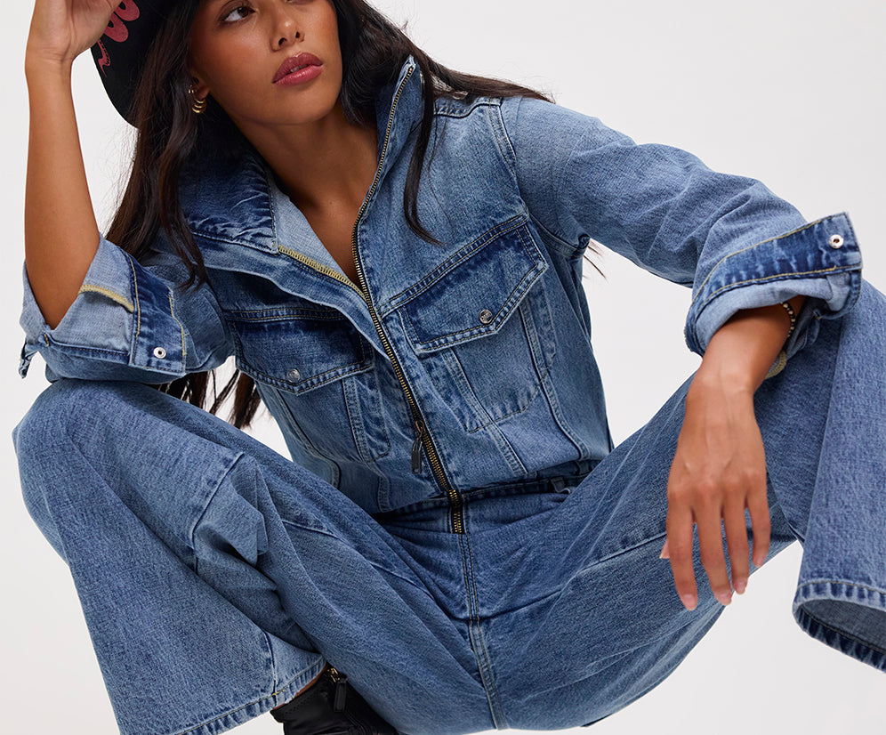 Charli Wide Leg Aviator Denim Jumpsuit - Pretty Blue